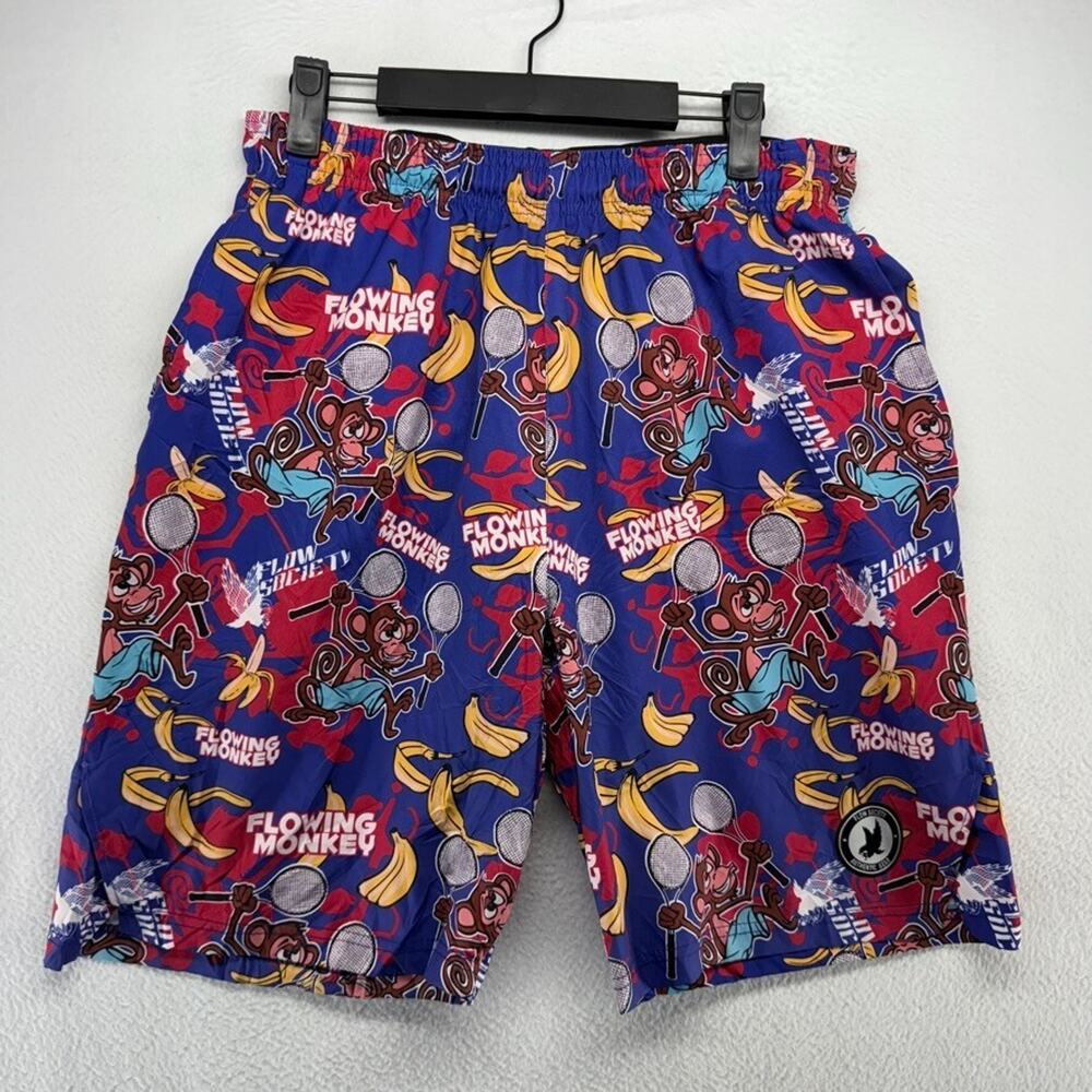 Flow Society Shorts men's Medium Pink Monkeys Banana Graphic Lacrosse Pockets